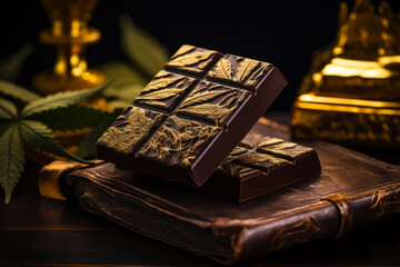 Fine dark Belgian chocolate with cannabis decorated with 24 carat gold on a dark background. - obrazy, fototapety, plakaty