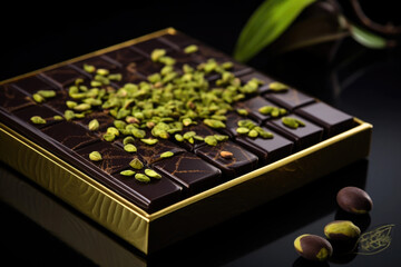 Fine dark Belgian chocolate with pistachio, decorated with 24 carat gold on a dark background.