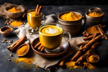 Obraz na płótnie Canvas A glass filled with a frothy, golden turmeric latte, surrounded by whole turmeric root and cinnamon sticks.