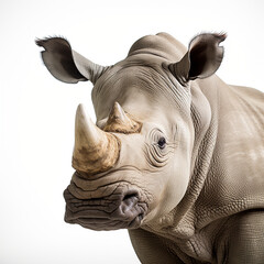a close up photo of a Rhino portrayed in studio on a white background created with Generative Ai