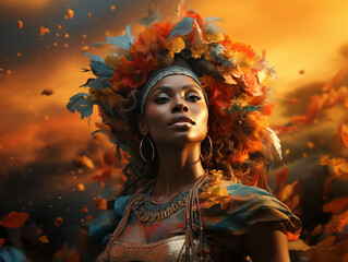 portrait of a woman with colorful feather ornaments