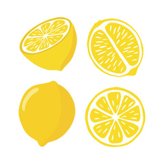 Lemons are bright in a flat style. A set of lemons in different sections, half, whole, highlighted on a white background.