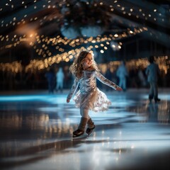Little girl figure skating on a street ice arena. Dance, sport, winter, exercise, training, childhood, champion concept, fun