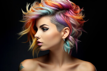 Portrait of a beautiful girl with rainbow neon asymmetric hair style on black background.