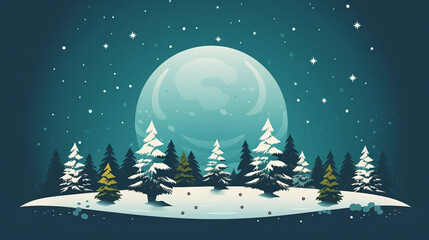 flat 2D illustration, simple colors, copy space, vector illustration, Christmas background. Beautiful christmas landscape. Design for christmas card or invitation or advertisement.