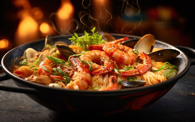 Fresh Seafood and Succulent Meat- Shrimps in Bowl on Blurry Background