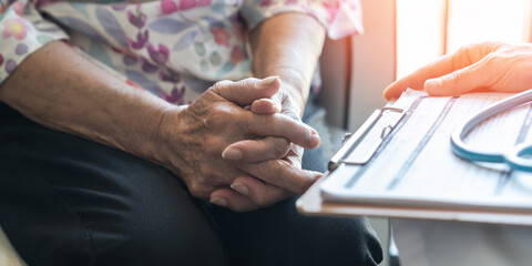 Elderly senior, old menopause elder woman patient having geriatric doctor consulting and diagnostic...