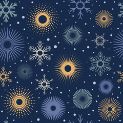 Circle geometric shapes and snowflakes, seamless pattern, winter vector background