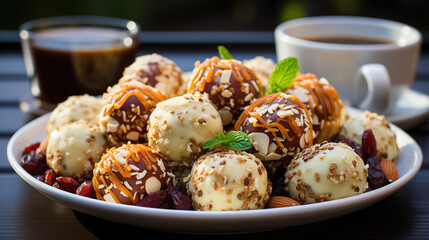Delicious Apricot Coconut and Pistachio Energy Balls in Plate on Blurry Background - obrazy, fototapety, plakaty