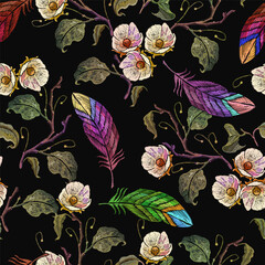 White flowers of a flowering apple tree and colorful feathers. Fashion spring garden style. Seamless pattern. Embroidery design. Template for design of clothes, tapestry - 673181999