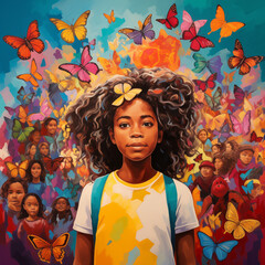 Young south american girl and diverse group of kids with colorful butterflies