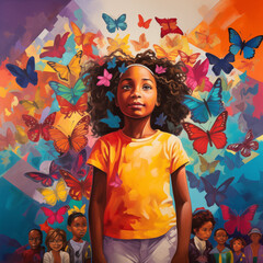 Young black girl with colorful butterflies