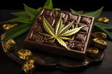 Fine dark Belgian chocolate with cannabis decorated with 24 carat gold on a dark background.