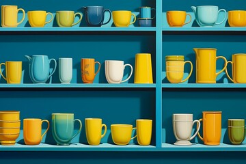 Arrangement of yellow cups on shelves against a blue backdrop. Generative AI