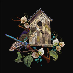 Bird house, white flowers and colorful dragonflies. Garden art. Classical embroidery. Template fashionable clothes, t-shirt design