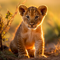 Obraz premium a young lion cub, his fur a rich golden hue, standing in the heart of the African savannah created with Generative Ai