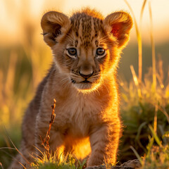 Obraz premium a young lion cub, his fur a rich golden hue, standing in the heart of the African savannah created with Generative Ai