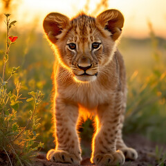 Obraz premium a young lion cub, his fur a rich golden hue, standing in the heart of the African savannah created with Generative Ai