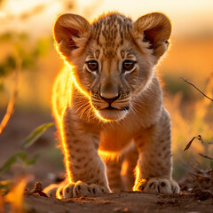 Obraz premium a young lion cub, his fur a rich golden hue, standing in the heart of the African savannah created with Generative Ai