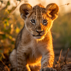 a young lion cub, his fur a rich golden hue, standing in the heart of the African savannah created with Generative Ai