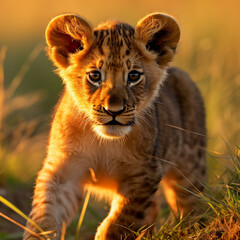 Obraz premium a young lion cub, his fur a rich golden hue, standing in the heart of the African savannah created with Generative Ai