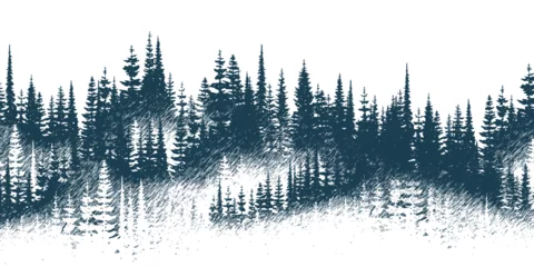 Fotobehang The forest in the fog, imitation of a pencil drawing, vector sketch, isolated on a white background © Valerii