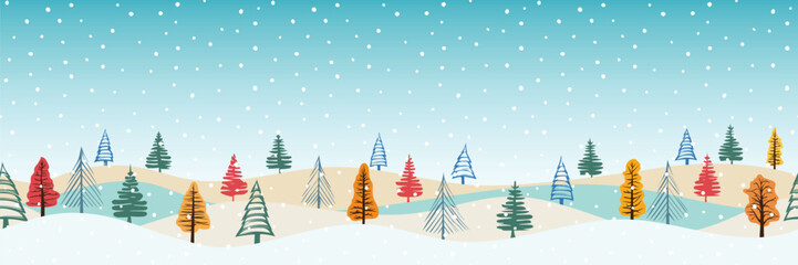 Obraz premium Winter landscape, cartoon nature, hills with forest and falling snow, seamless border, vector illustration