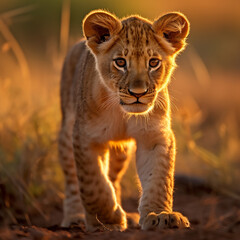 Obraz premium a young lion cub, his fur a rich golden hue, standing in the heart of the African savannah created with Generative Ai