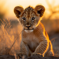 Obraz premium a young lion cub, his fur a rich golden hue, standing in the heart of the African savannah created with Generative Ai