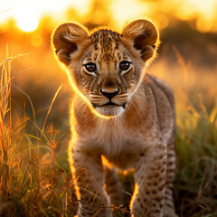 a young lion cub, his fur a rich golden hue, standing in the heart of the African savannah created with Generative Ai