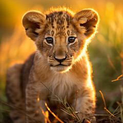 Obraz premium a young lion cub, his fur a rich golden hue, standing in the heart of the African savannah created with Generative Ai
