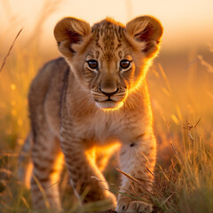 Obraz premium a young lion cub, his fur a rich golden hue, standing in the heart of the African savannah created with Generative Ai