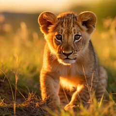 a young lion cub, his fur a rich golden hue, standing in the heart of the African savannah created with Generative Ai