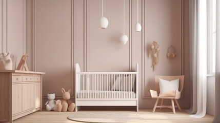 Newborn baby room. Stylish Scandinavian newborn baby room with brown wooden mock up poster frame, toys, plush animal and child accessories. Decor concept. Kids concept. Interior concept.Design concept