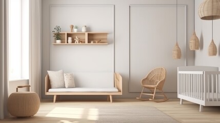 Newborn baby room. Stylish Scandinavian newborn baby room with brown wooden mock up poster frame, toys, plush animal and child accessories. Decor concept. Kids concept. Interior concept.Design concept