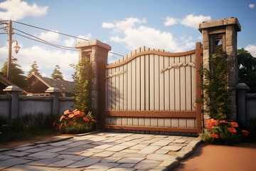A 3D-rendered gate sliding next to a house. Generative AI