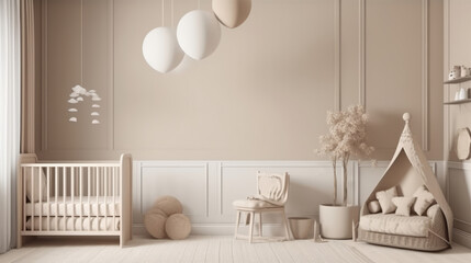 Newborn baby room. Stylish Scandinavian newborn baby room with brown wooden mock up poster frame,...
