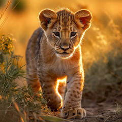 Obraz premium a young lion cub, his fur a rich golden hue, standing in the heart of the African savannah created with Generative Ai