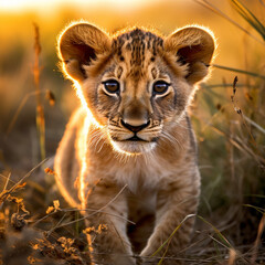 Obraz premium a young lion cub, his fur a rich golden hue, standing in the heart of the African savannah created with Generative Ai