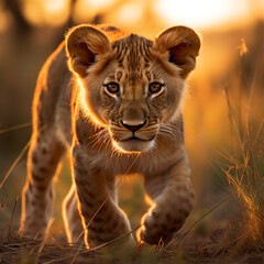 Obraz premium a young lion cub, his fur a rich golden hue, standing in the heart of the African savannah created with Generative Ai