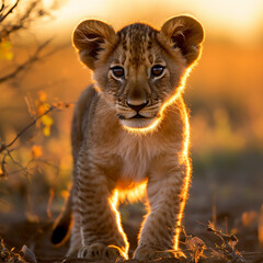 Obraz premium a young lion cub, his fur a rich golden hue, standing in the heart of the African savannah created with Generative Ai