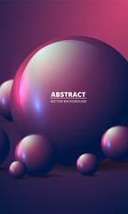 Realistic vertical vector background with purple and red 3d spheres and balls. Abstract geometric modern banner three-dimensional vector illustration.