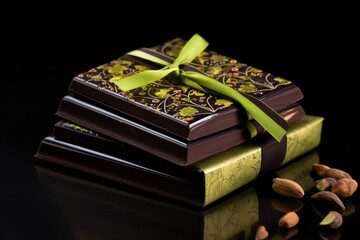 Fine dark Belgian chocolate with pistachio, decorated with 24 carat gold on a dark background.