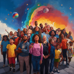 Group of diverse people dream rainbow sky