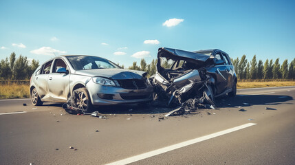 Сar accident. Two crashed cars on the highway. - obrazy, fototapety, plakaty