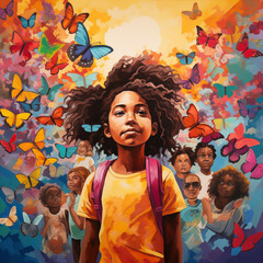 Young dark skin girl with a backpack and butterflies flying