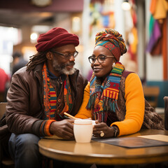 Older african couple having a coffee on a date