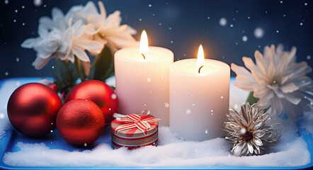 Fototapeta na wymiar decoración navideña sobre soporte nevado con velas encendidas, bolas rojas, piña y flores blancas sobre fondo azul con copos de nieve