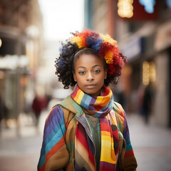 LGBTQA+ woman wearing rainbow colors on a street