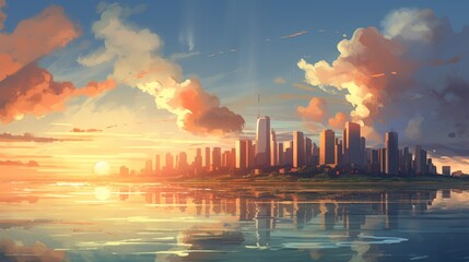 Fototapeta na wymiar Beautiful city landscape background. Cartoon summer sunset with clouds and lake. Anime style